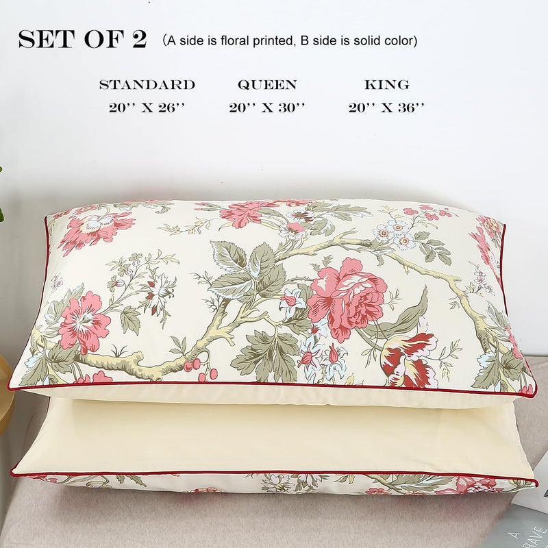 WINLIFE 100% Cotton Pillowcases Floral Printed Pillow Cases Set of 2 Red Flowers and Green Branches Leaf Pattern Pillow Cover Queen 20x30'' - Image 4
